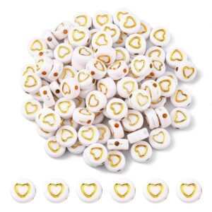 Letras cuentas corazon blancas con  dorado cuadradas 15grs