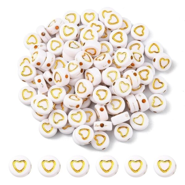 Letras cuentas corazon blancas con  dorado cuadradas 15grs
